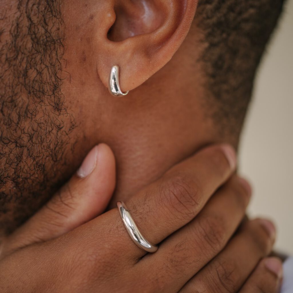 bague et boucles d'oreille sobres homme modernes